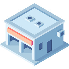 Isometric blue and white commercial building with orange signage and outdoor air conditioning unit on a transparent background