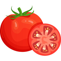 Juicy Red Tomato and its Slice Fresh Ripe Tomato with Green Stem and Seeds Detailed Vector Illustration Healthy Food Ingredient Isolated on Transparent Background