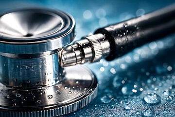 Macro shot of a stethoscope on a wet surface, highlighting metallic textures, water droplets, and the precision tools of modern healthcare professionals.