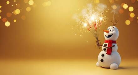 Festive snowman holding sparklers, radiating cheer against a golden bokeh background, celebrating joy.