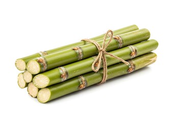 Fresh Sugarcane Stalks Tied Together with Natural Rope on a White Background ready to be processed