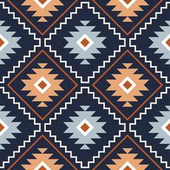 Southwestern Geometric Pattern In Deep Navy Orange Light Blue And White Colors With Repeating Diamond Motifs And Zigzag Lines Abstract Textile Design