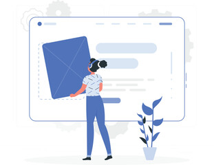 Woman with headphones placing a large blue square on a digital interface screen website