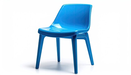 Bright blue, one-piece, plastic chair on white backdrop