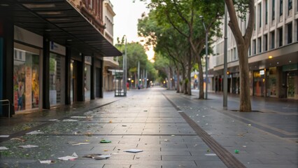 Obraz premium climate protest movement Deserted urban street lined with trees and shops, showcasing a quiet atmosphere.