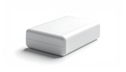 Small, glossy, white rectangular box sitting on a white surface
