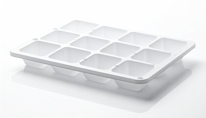 White plastic tray with square cavities on a white surface