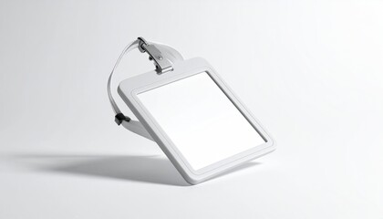 Blank white name tag hanging, clean, isolated on white