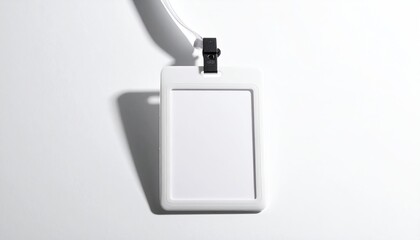 Blank white ID badge hangs against a clean white surface