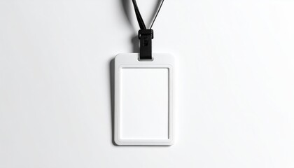 Blank white ID badge on lanyard, minimalist studio shot