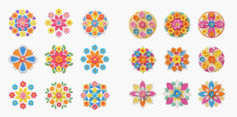 A collection of colorful floral designs arranged in a grid pattern on a transparent background.