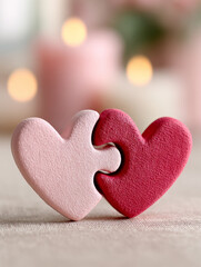 Obraz premium Two interlocking heart-shaped puzzle pieces on a soft background.