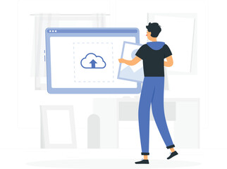 Person Uploading Image to Cloud Storage on Computer Screen Keywords: cloud storage, upload, download, data, internet, technology, computer, screen, laptop, digital, online, storage, file, transfer