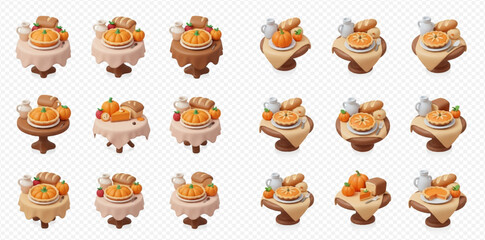 A collection of festive Thanksgiving tables with pumpkin pies and bread.