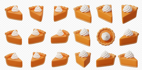 A collection of pumpkin pie slices, some with whipped cream, arranged on a transparent background.