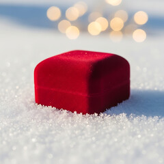 Red Velvet Jewelry Box in Snow with Bokeh Background Concept