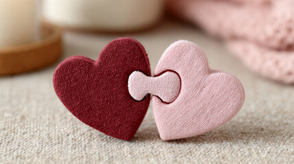 Obraz premium Two interlocking fabric hearts on a textured surface.