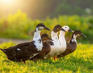 Four Ducks Walking in Line on Green Grass at Sunset