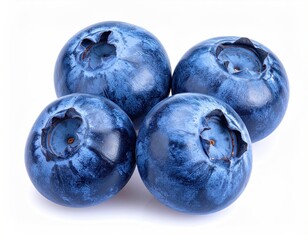 Obraz premium Four Fresh Blueberries Grouped on White Background Close Up Detailed Food Still Life with Subtle Shadows and Natural Lighting