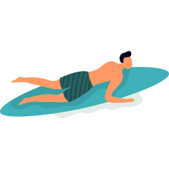 Man Wearing Striped Swim Trunks Lying on a Turquoise Surfboard Floating on Water with White Background