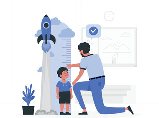 Father measuring son's height next to a rocket ship illustration height measurement growth chart