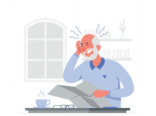 Elderly Man Looking Stressed While Reading a Newspaper with Coffee senior old man