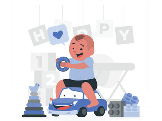 Happy Baby Boy Riding a Blue Toy Car Surrounded by Educational Toys and Blocks child playing