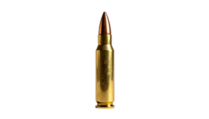 Single rifle round, upright and centered, with a sharp point and brass casing on black background