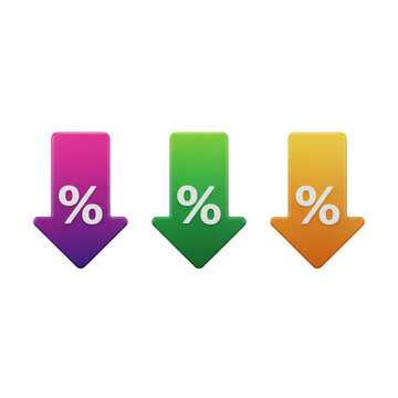 Vibrant percentage decrease indicators signal savings and discounts, perfect for eye-catching marketing campaigns and illustrating financial concepts with modern, colorful visuals