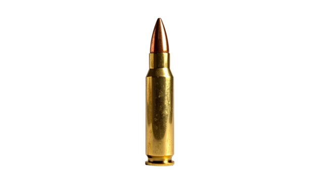 Single rifle round, upright and centered, with a sharp point and brass casing on black background