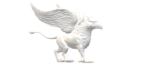 Elegant white griffin statue with majestic wings standing proudly against a stark in a studio setting showcasing mythical creature art © M
