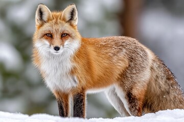 Obraz premium Majestic Red Fox Standing Alert in Snowy Wilderness, Capturing the Essence of Wild Nature and Winter