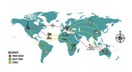 Naklejka premium Travel Holiday Destinations World Map with Routes and Landmarks Adventure Journey Concept