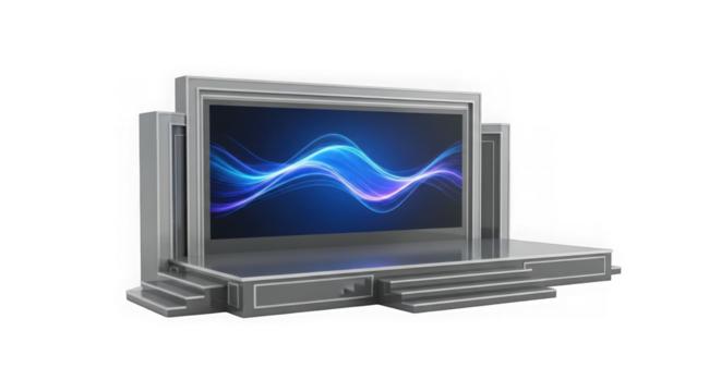 Futuristic stage with blue energy wave display isolated on transparent background