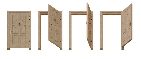 Angled wooden door opening sequence with classic design and brass handle 3D rendered isolated set