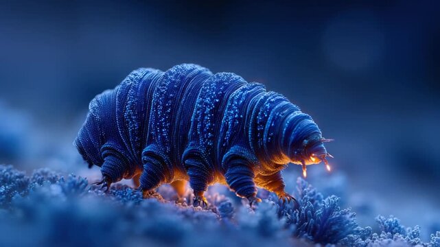 A glowing blue tardigrade creature crawls across a frosty terrain