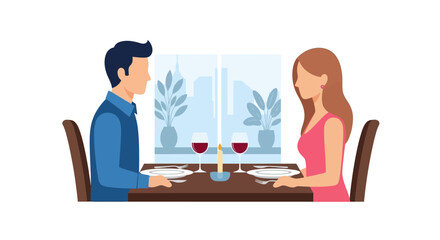 A man and a woman share a romantic dinner with red wine at a restaurant table by a window