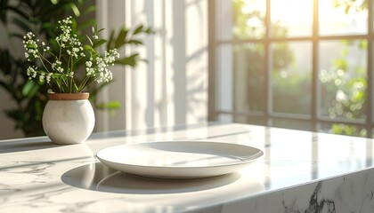 A bright kitchen scene featuring a plate on a marble countertop, flowers, and natural light