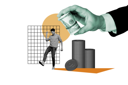 Composite trend artwork 3D sketch image photo collage of young guy walk step huge hand hold roll dollar coins money earnings pile rich