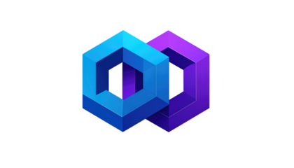 Interlocking stylized geometric shapes, blue & violet gradient, floating on a black background, creating a modern tech feel