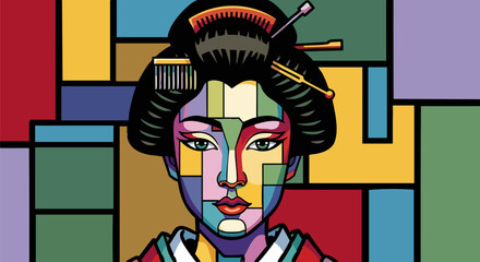 Geometric geisha portrait with vibrant color blocks