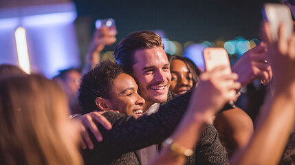 Smiling friends take a selfie at a lively party. Celebration of friendship, diversity, and memorable moments. Perfect for social events, lifestyle, and togetherness concepts.