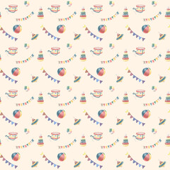 Obraz premium Children's toys and garland with flags, seamless pattern. Watercolor illustration. Toy drum, ball and pyramid, isolated on a beige background. For printing on textiles, wallpaper, for children's decor