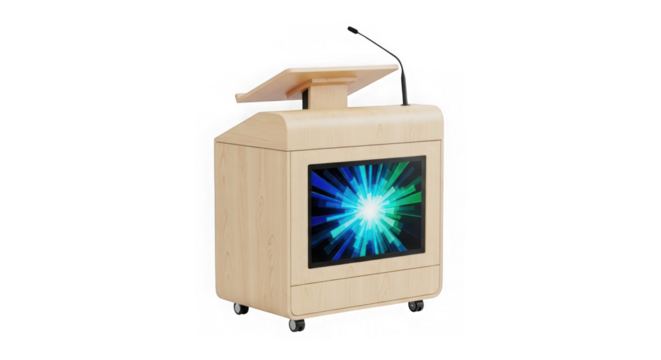 Modern digital kiosk with glowing screen isolated on transparent background