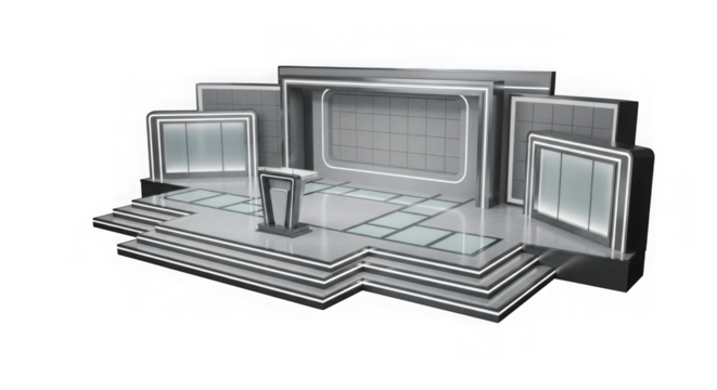 Modern geometric stage with tiered platforms and light panels isolated on transparent background