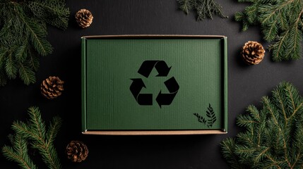 Eco Friendly Recycled Cardboard Box with Recycling Symbol on Green Background Surrounded by Pine Cones and Christmas Tree Branches for Sustainability Concept