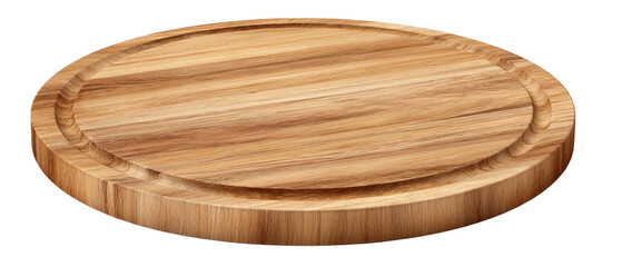 Round wooden cutting board with groove isolated on transparent background acacia wood serving tray for pizza, cheese, fruit, appetizers