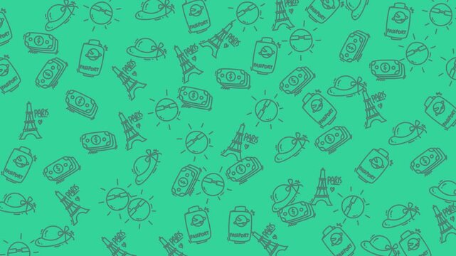 Doodle holiday pattern ideal for travelthemed designs, showcasing paris landmarks, perfect for festive projects evoking charming vacation vibes.