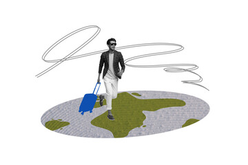 Composite photo collage of happy man run earth carry suitcase late airport trip summer travel...