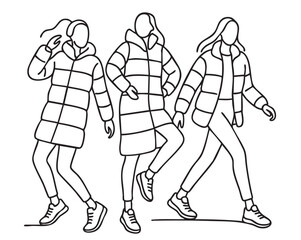 line sketch three fashion models in dynamic poses in black down jackets different lengths and sneakers